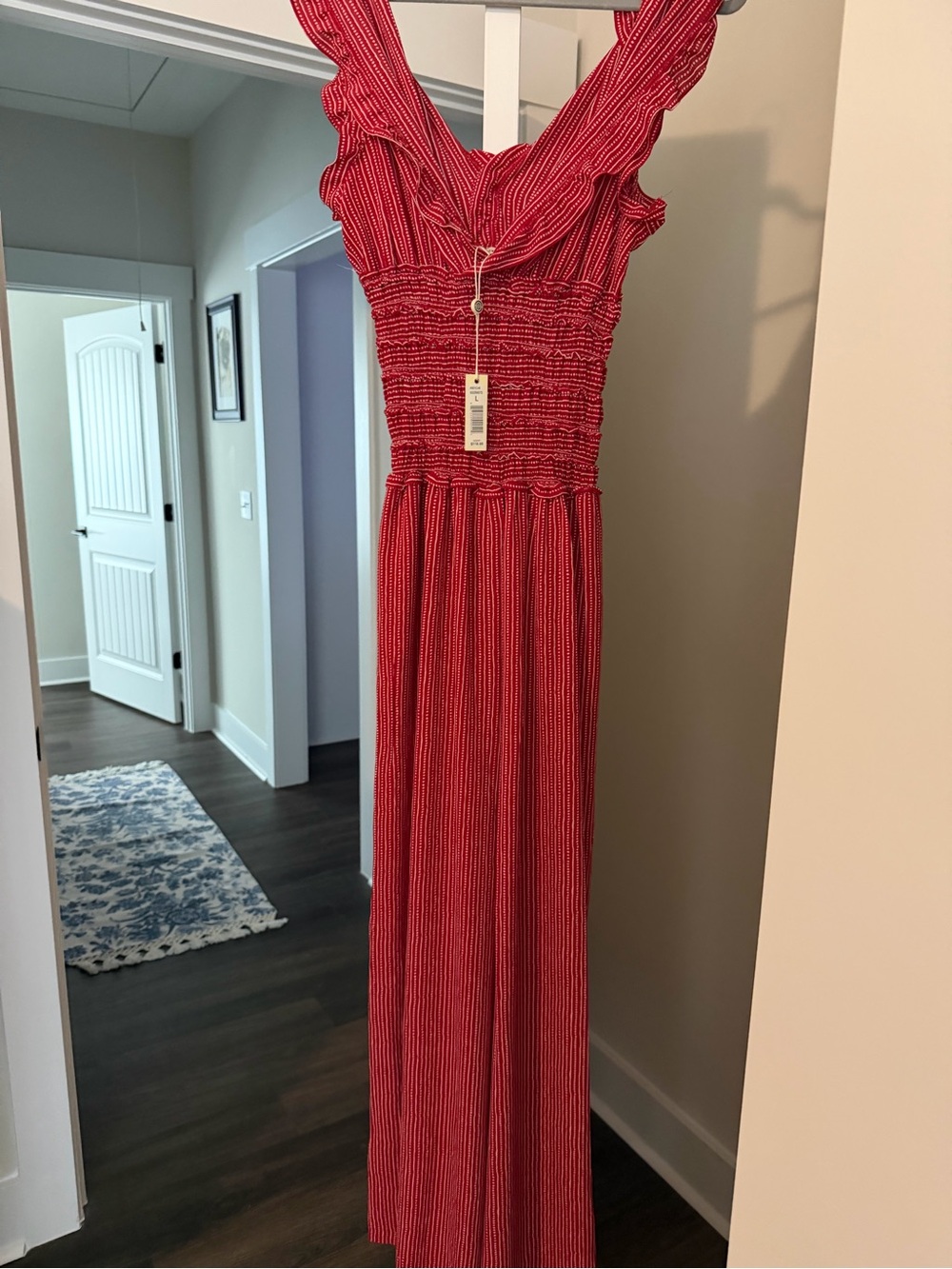Red Smocked Ruffle-Strap jumpsuit